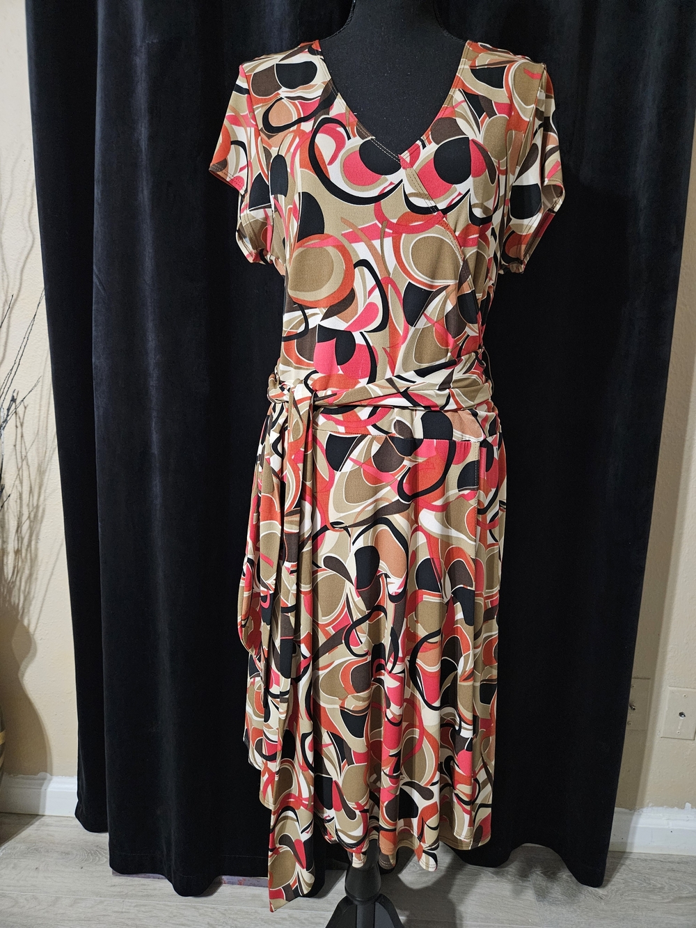 AB Studio Abstract Wrap Dress in Coral, Tan, Black & Cream